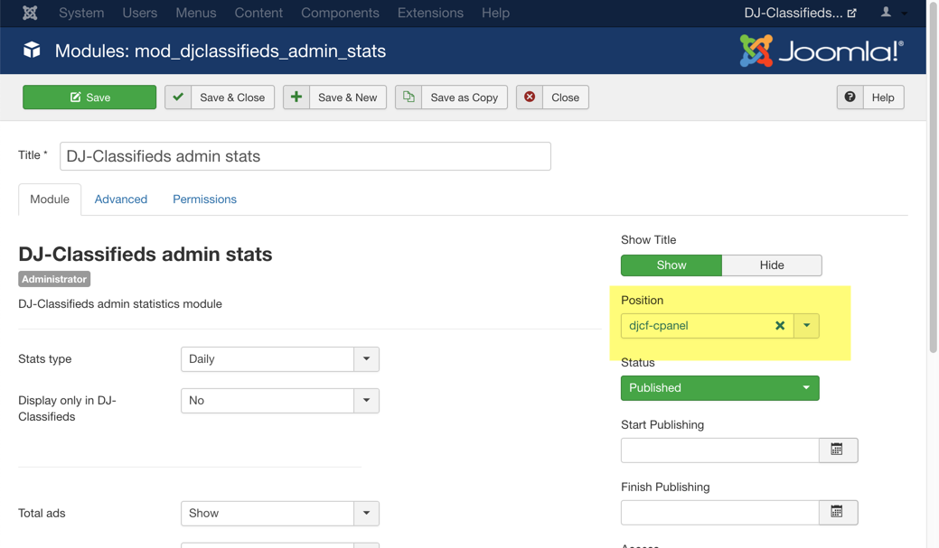 djclassifieds admin stats module
